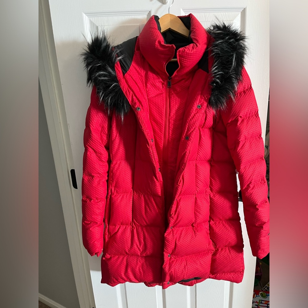 The North Face Red Puffer Jacket with Faux Fur Trim